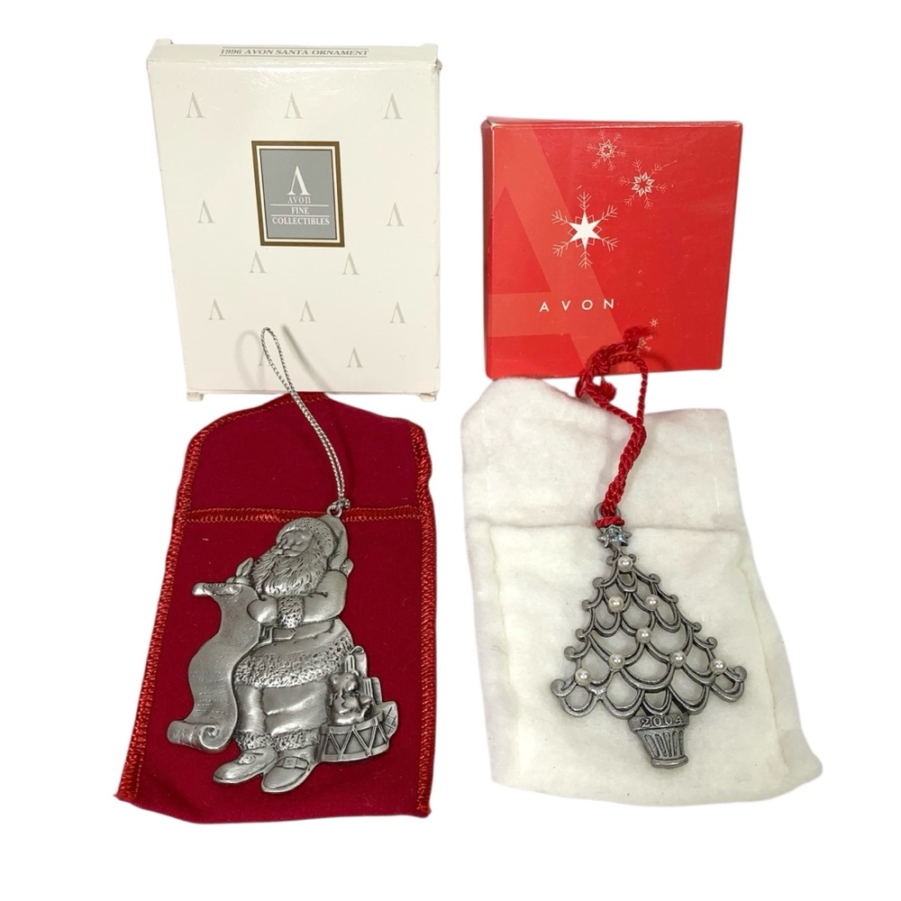 Avon Vintage Christmas Ornaments 1996 Santa and 2004 Christmas Tree Pewter